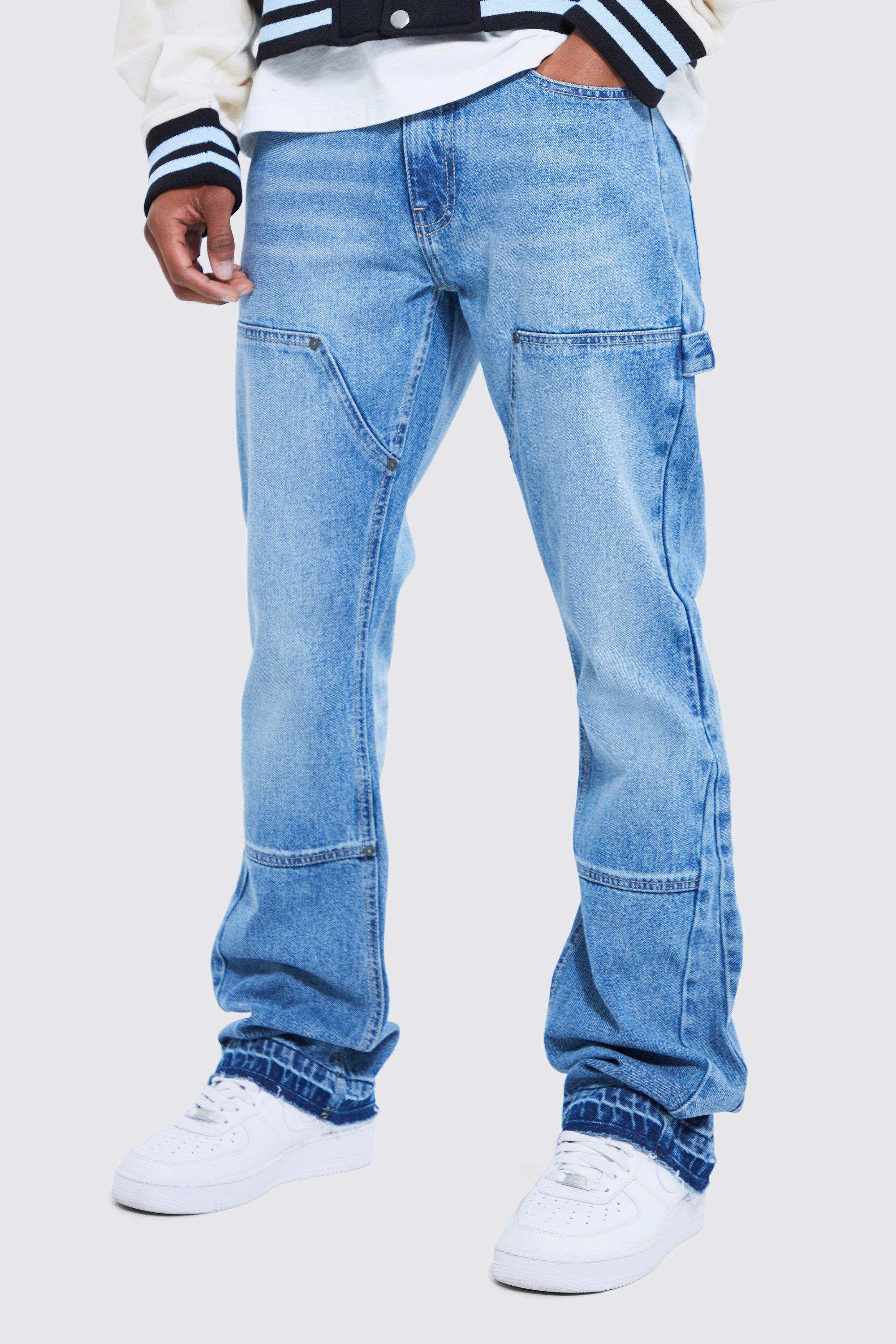 Mens Grey Slim Flare Worker Panel Jeans, Grey